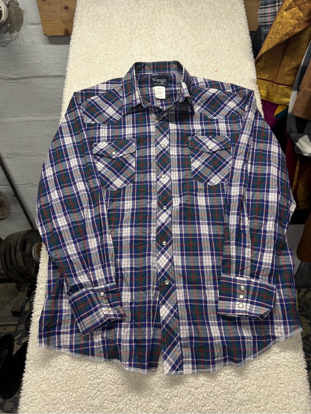 Wrangler western Shirts Men's Plaid Button-Up Shirt in Blue, pearl snap size XXL